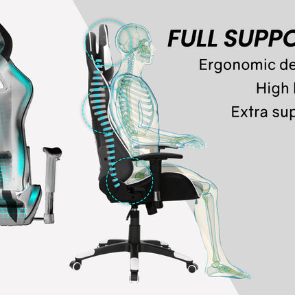OVERDRIVE Diablo Reclining Gaming Chair Black & White Seat Computer Office Neck Lumbar Horns