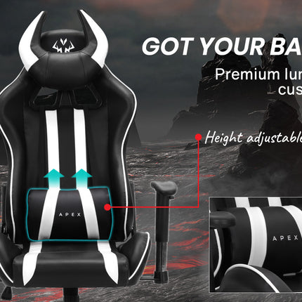 OVERDRIVE Diablo Reclining Gaming Chair Black & White Seat Computer Office Neck Lumbar Horns