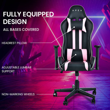 OVERDRIVE Reclining Pink Gaming Chair Office Computer Ergonomic Racing Seat