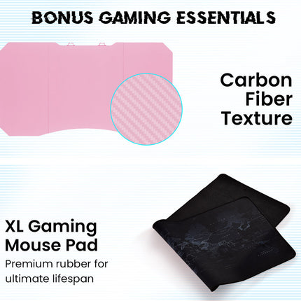 OVERDRIVE Gaming PC Desk Carbon Fiber Style, Pink and Black, with Headset Holder, Gaming Mouse Pad