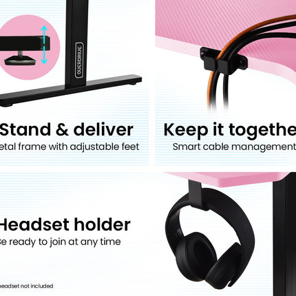 OVERDRIVE Gaming PC Desk Carbon Fiber Style, Pink and Black, with Headset Holder, Gaming Mouse Pad