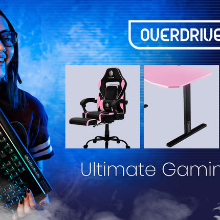OVERDRIVE Gaming PC Desk Carbon Fiber Style, Pink and Black, with Headset Holder, Gaming Mouse Pad