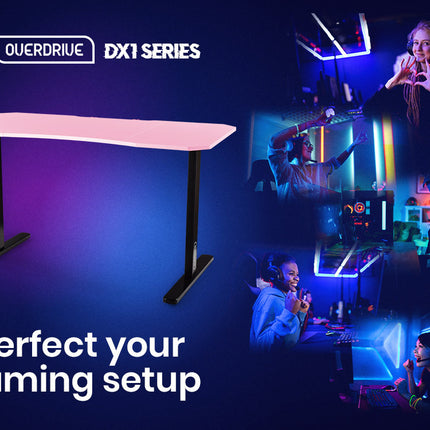 OVERDRIVE Gaming PC Desk Carbon Fiber Style, Pink and Black, with Headset Holder, Gaming Mouse Pad