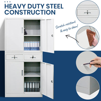 FORTIA Stationary Cabinet Office Home Storage Metal Lockable 4 Door Cupboard Drawers