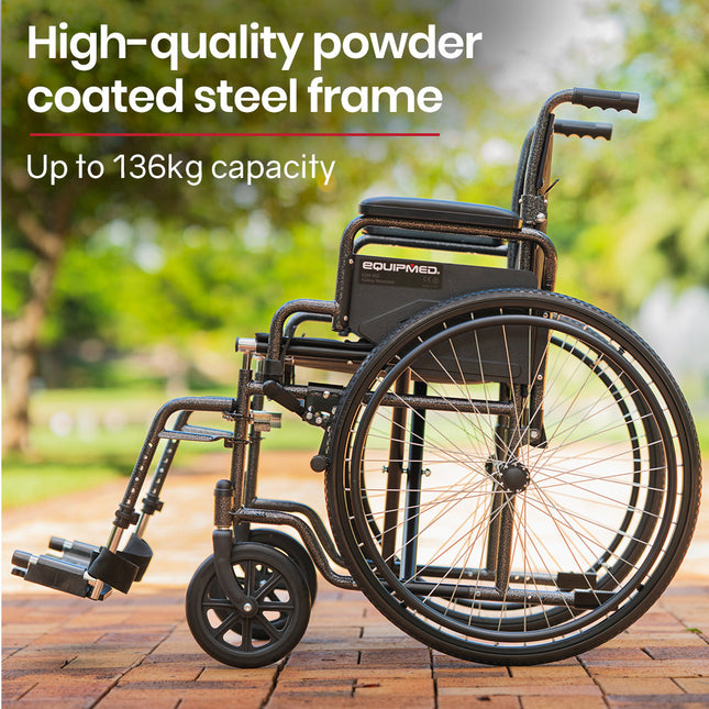 Equipmed 24 Inch Folding Bariatric Wheelchair, XL Wide Design, 136kg Capacity, Park Brakes, Retractable Armrests, Dark Grey Hammertone
