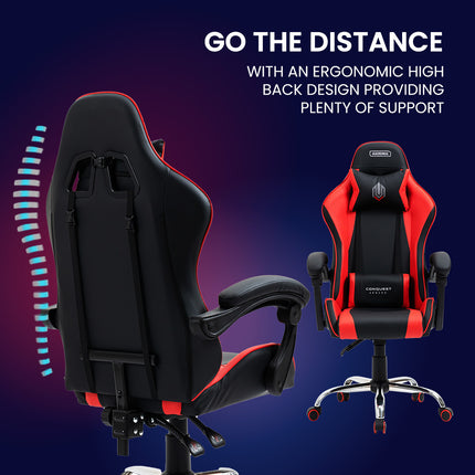 OVERDRIVE Conquest Series Reclining Gaming Ergonomic Office Chair with Lumbar and Neck Pillows, Black and Red
