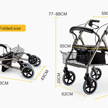 EQUIPMED Foldable Rollator Walking Frame Outdoor Indoor Mobility Walker Aids