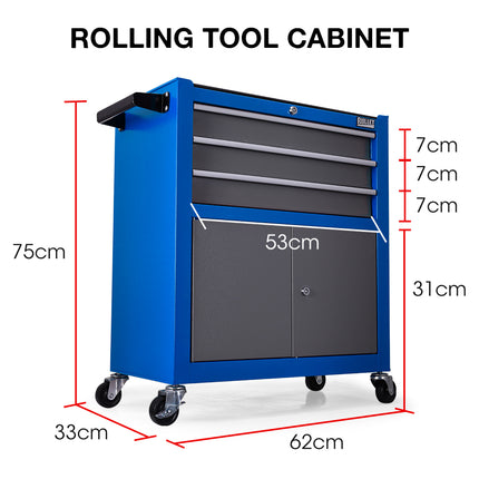 BULLET Tool Chest Cabinet Box Trolley Rolling Wheels Drawer Storage Steel Blue