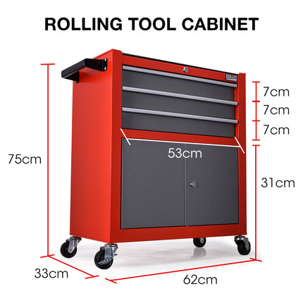 BULLET Tool Chest Cabinet Box Trolley Rolling Wheels Drawer Storage Steel Red