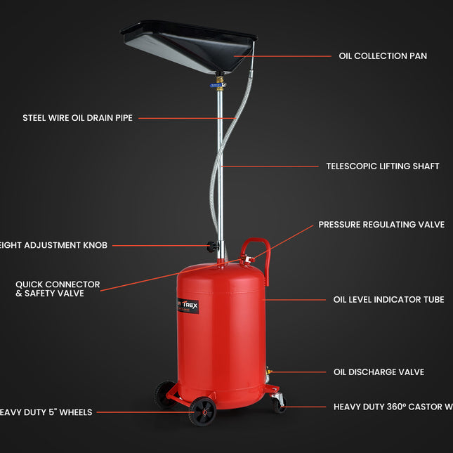 T-REX 80L Mobile Waste Oil Drainer, Telescopic, with Air Compressor Fitting, for Workshop