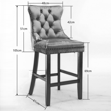 2X Velvet Bar Stools with Studs Trim Wooden Legs Tufted Dining Chairs Kitchen
