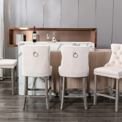2X Velvet Bar Stools with Studs Trim Wooden Legs Tufted Dining Chairs Kitchen