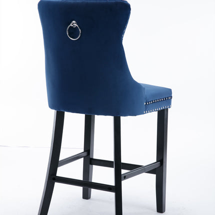 2X Velvet Bar Stools with Studs Trim Wooden Legs Tufted Dining Chairs Kitchen
