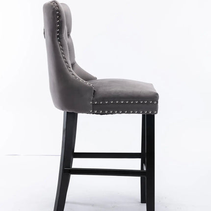 2X Velvet Bar Stools with Studs Trim Wooden Legs Tufted Dining Chairs Kitchen