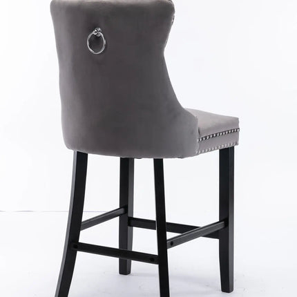 2X Velvet Bar Stools with Studs Trim Wooden Legs Tufted Dining Chairs Kitchen