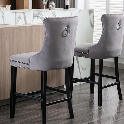 2X Velvet Bar Stools with Studs Trim Wooden Legs Tufted Dining Chairs Kitchen