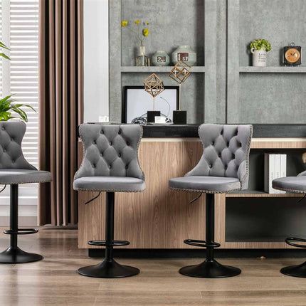 2x Height Adjustable Swivel Bar Stool Velvet Nailhead Barstool with Footrest