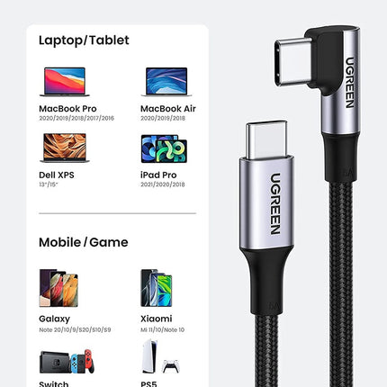 UGREEN USB-C to 90 Degree Angle USB-C M/M 5A Data Cable 1m - 70643