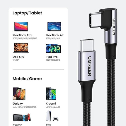 UGREEN USB-C to 90 Degree Angle USB-C M/M 5A Data Cable 2m - 70645