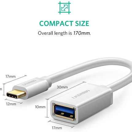 UGREEN USB-C Male To USB 3.0 A Female OTG Cable 15cm (White) 30702