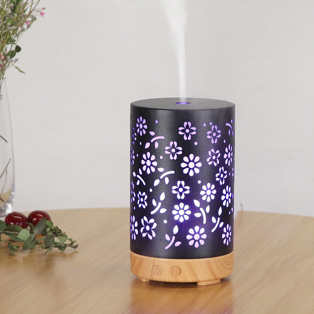 GOMINIMO LED Aromatherapy Essential Oil Diffuser 100ml Metal Cover Floral Design with Light Wood Base