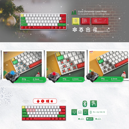 Royal Kludge RK61 Christmas Tri Mode Hot Swappable RGB Mechanical Keyboard (Brown Switch)