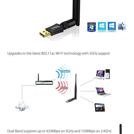 Simplecom NW611 AC600 WiFi Dual Band USB Adapter with 5dBi High Gain Antenna
