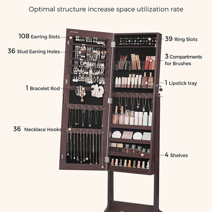 SONGMICS Jewelry Cabinet Armoire with Full-Length Frameless Mirror Brown JJC002K01