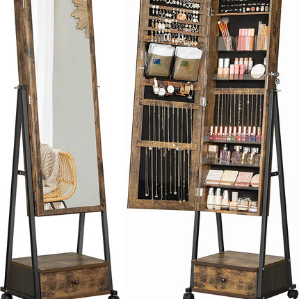 SONGMICS Lockable Jewelry Cabinet  Floor Standing on Wheels with Mirror Rustic Brown JJC004X01