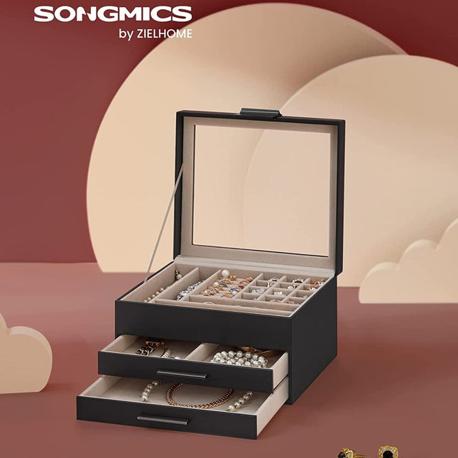 SONGMICS Jewelry Box 3-Layer with 2 Drawers Graphite Black JBC239BK