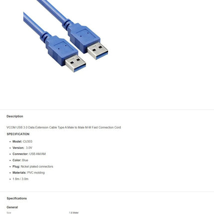 VCOM USB 3.0V AM/AM Extension Cable (Blue) - 1.8m - CU303-1.8
