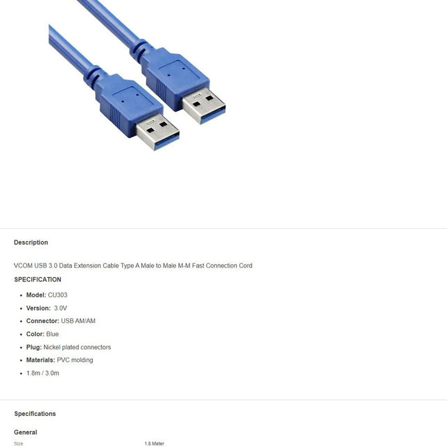 VCOM USB 3.0V AM/AM Extension Cable (Blue) - 1.8m - CU303-1.8
