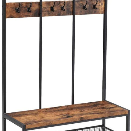VASAGLE Large Coat Rack Stand Coat Tree with 12 Hooks and Shoe Bench Brown and Black HSR86BX