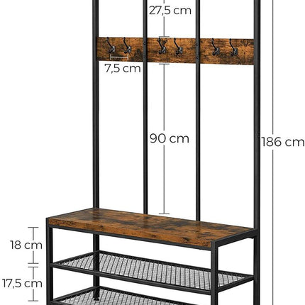 VASAGLE Large Coat Rack Stand Coat Tree with 12 Hooks and Shoe Bench Brown and Black HSR86BX