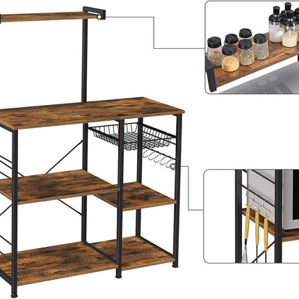 VASAGLE Baker’s Rack with Shelves Microwave Stand with Wire Basket 6 S-Hooks Rustic Brown KKS35X