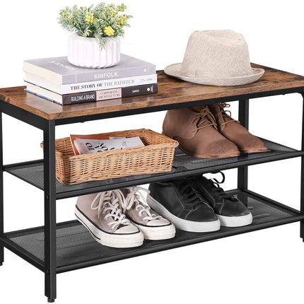 VASAGLE Shoe Bench with Seat Shoe Rack with 2 Mesh Shelves Rustic Brown and Black LBS74X