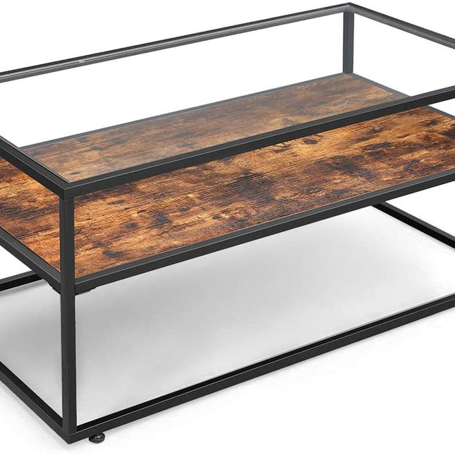 VASAGLE Coffee Table Glass Top Rustic Brown and Black LCT30BX