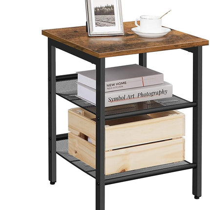 VASAGLE Side Table Nightstand End Table with 2 Adjustable Mesh Shelves Rustic Brown and Black LET23X
