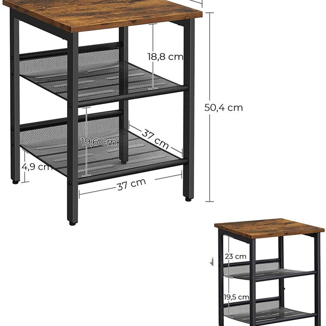 VASAGLE Side Table Set Nightstand Industrial Set of 2 Bedside Tables with Adjustable Mesh Shelves Rustic Brown and Black LET24X