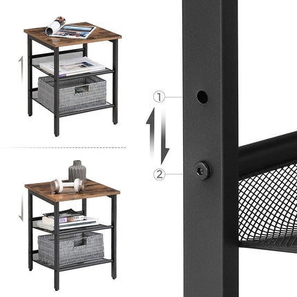 VASAGLE Side Table Set Nightstand Industrial Set of 2 Bedside Tables with Adjustable Mesh Shelves Rustic Brown and Black LET24X