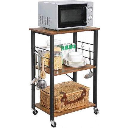 VASAGLE Kitchen Shelf on Wheels Serving Trolley with 3 Shelves Metal Frame with 6 Hook Rustic Brown KKS60XV1