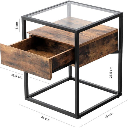 VASAGLE Side Table Tempered Glass End Table with Drawer and Shelf Rustic Brown and Black LET04BX