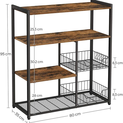 VASAGLE Baker’s Rack Kitchen Island with 2 Metal Mesh Baskets Shelves and Hooks Industrial Style Rustic Brown KKS96X