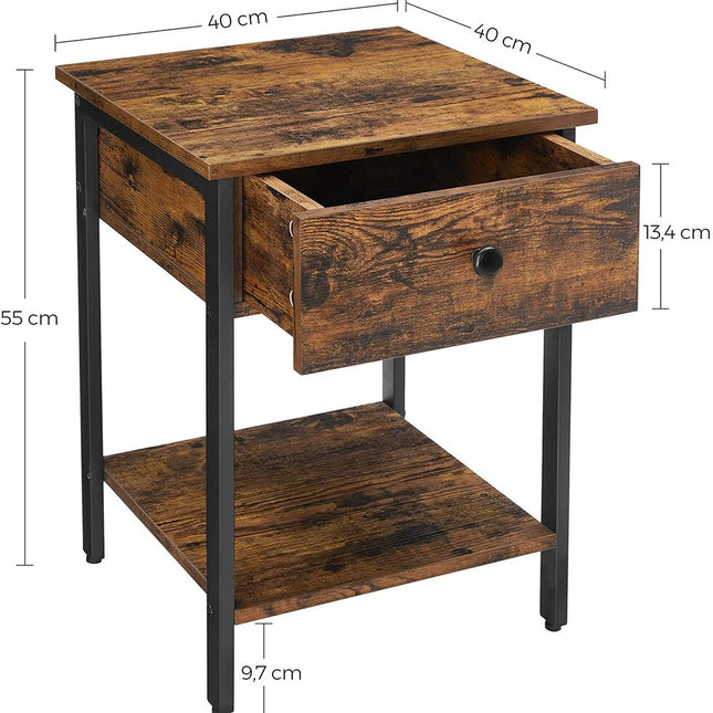 VASAGLE Nightstand Bedside Table Side Table with Drawer and Shelf End Table Bedroom Living Room Easy Assembly Steel Frame Industrial Rustic Brown and Black LET55BX