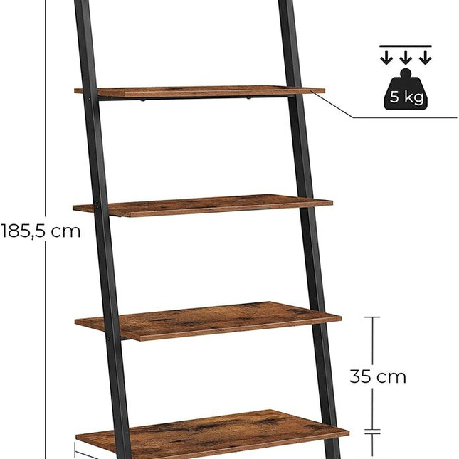 VASAGLE Industrial Ladder Shelf 5-Tier Bookshelf Rack Wall Shelf for Living Room Kitchen Office Stable Steel Leaning Against the Wall Rustic Brown and Black LLS46BX