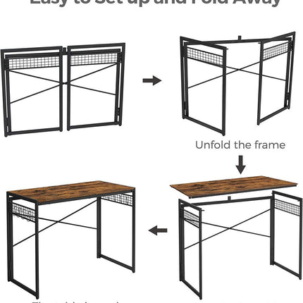 VASAGLE Computer Desk Folding Writing Desk with 8 Hooks Rustic Brown and Black LWD42X