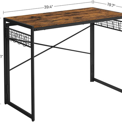 VASAGLE Computer Desk Folding Writing Desk with 8 Hooks Rustic Brown and Black LWD42X