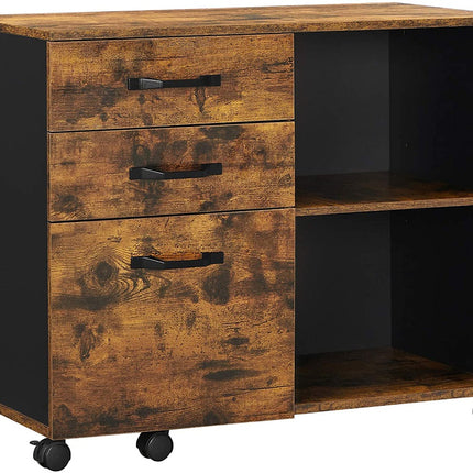 VASAGLE File Cabinet with 3 Drawer Mobile Lateral Filing Cabinet with Open Compartments Rustic Brown and Black OFC041B01