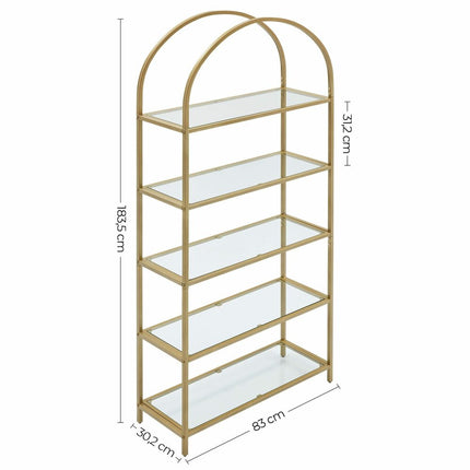 VASAGLE Bookshelf 5 Tier Tempered Glass with Gold Metal Frame LGT050A01