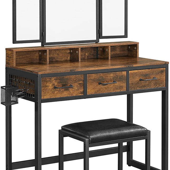VASAGLE Dresser Table with Trifold Mirror Rustic Brown and Black RVT004B01